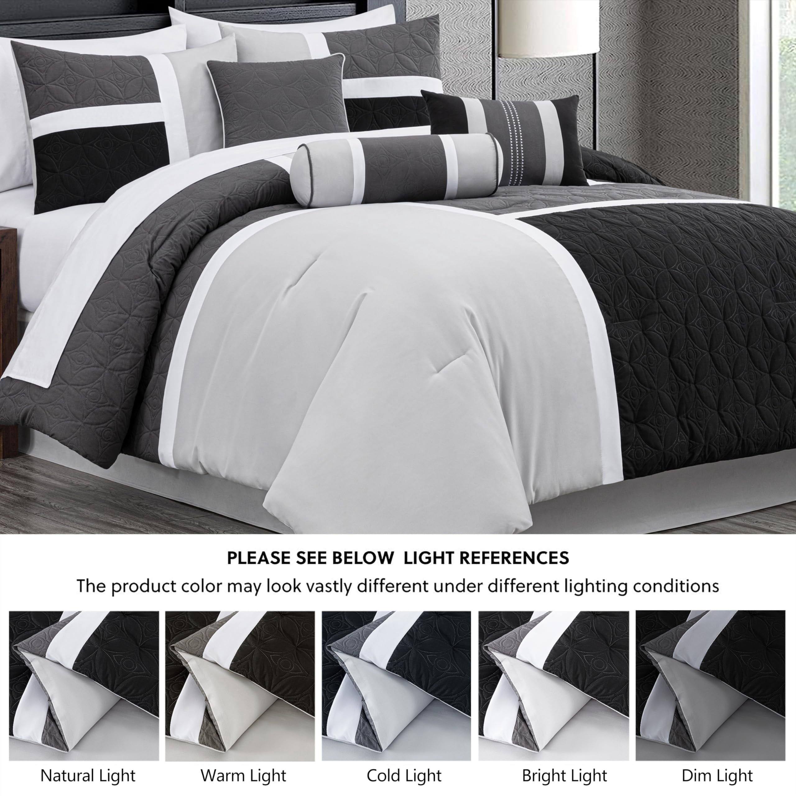 Chezmoi Collection 7-Piece Medallion Patchwork Comforter Set, Full, Black/Gray/Light Gray