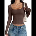 thumbnail image 2 of Camisas de Larga para Mujer, Tops Cortos, Cuello Cuadrado, Camisetas Básicas para Salir, Ropa de Invierno Y2K 2025 Marrón Oscuro M, 2 of 7