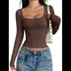 thumbnail image 2 of Camisas de Larga para Mujer, Tops Cortos, Cuello Cuadrado, Camisetas Básicas para Salir, Ropa de Invierno Y2K 2025 Marrón Oscuro M, 2 of 7