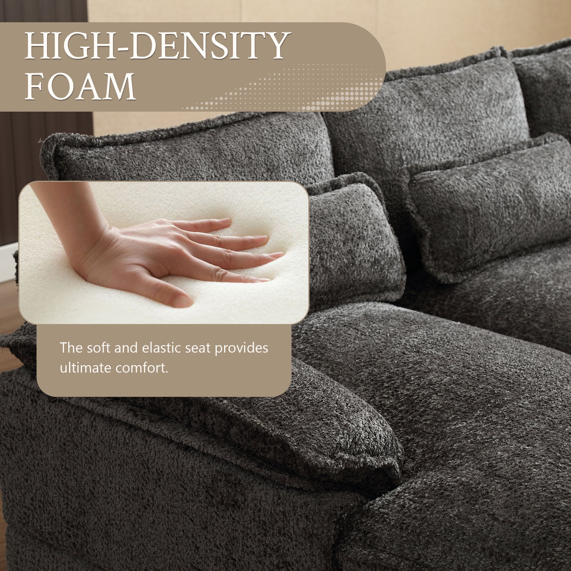 MOONMISS Chenille Upholstered U-Shaped Oversized four-seater Living Room Sectional Sofa With Wooden Frame-Gray