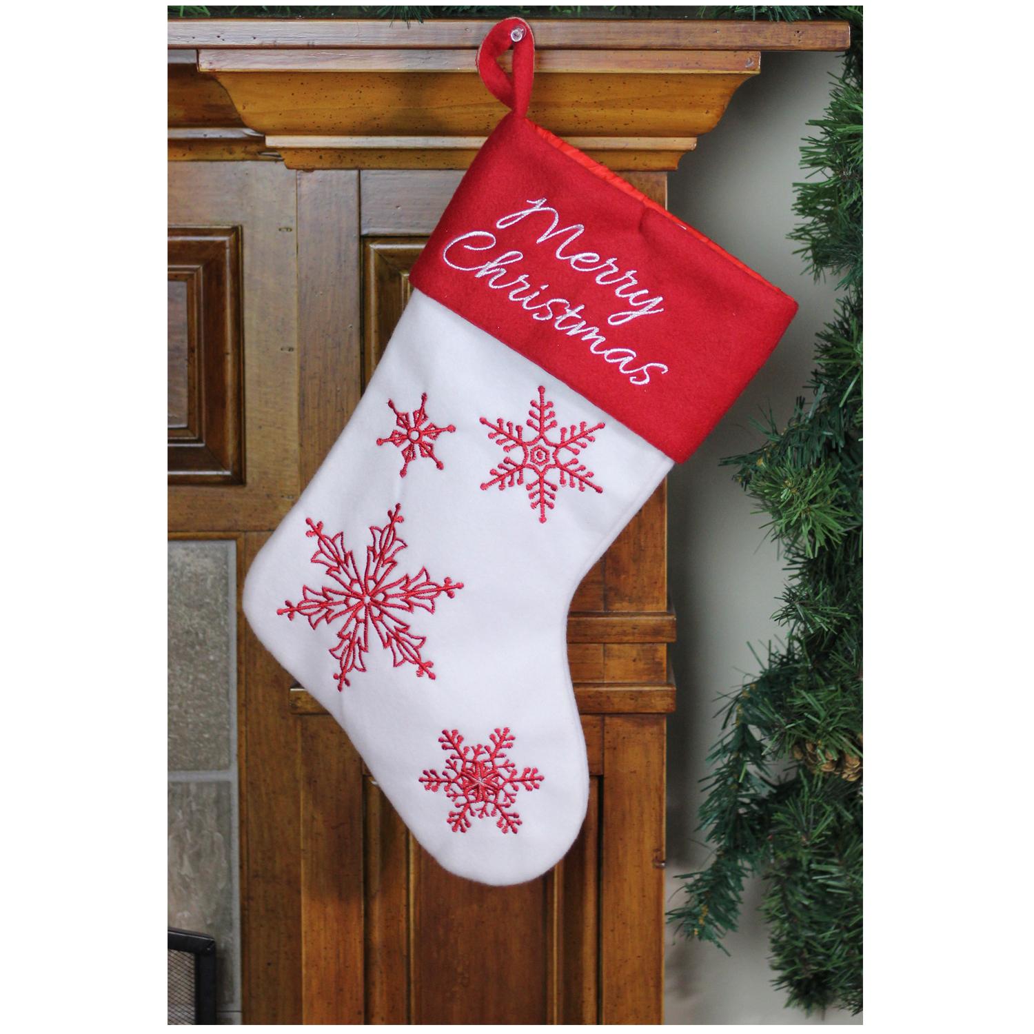 18" Red and White "Merry Christmas" Snowflake Embroidered Christmas Stocking