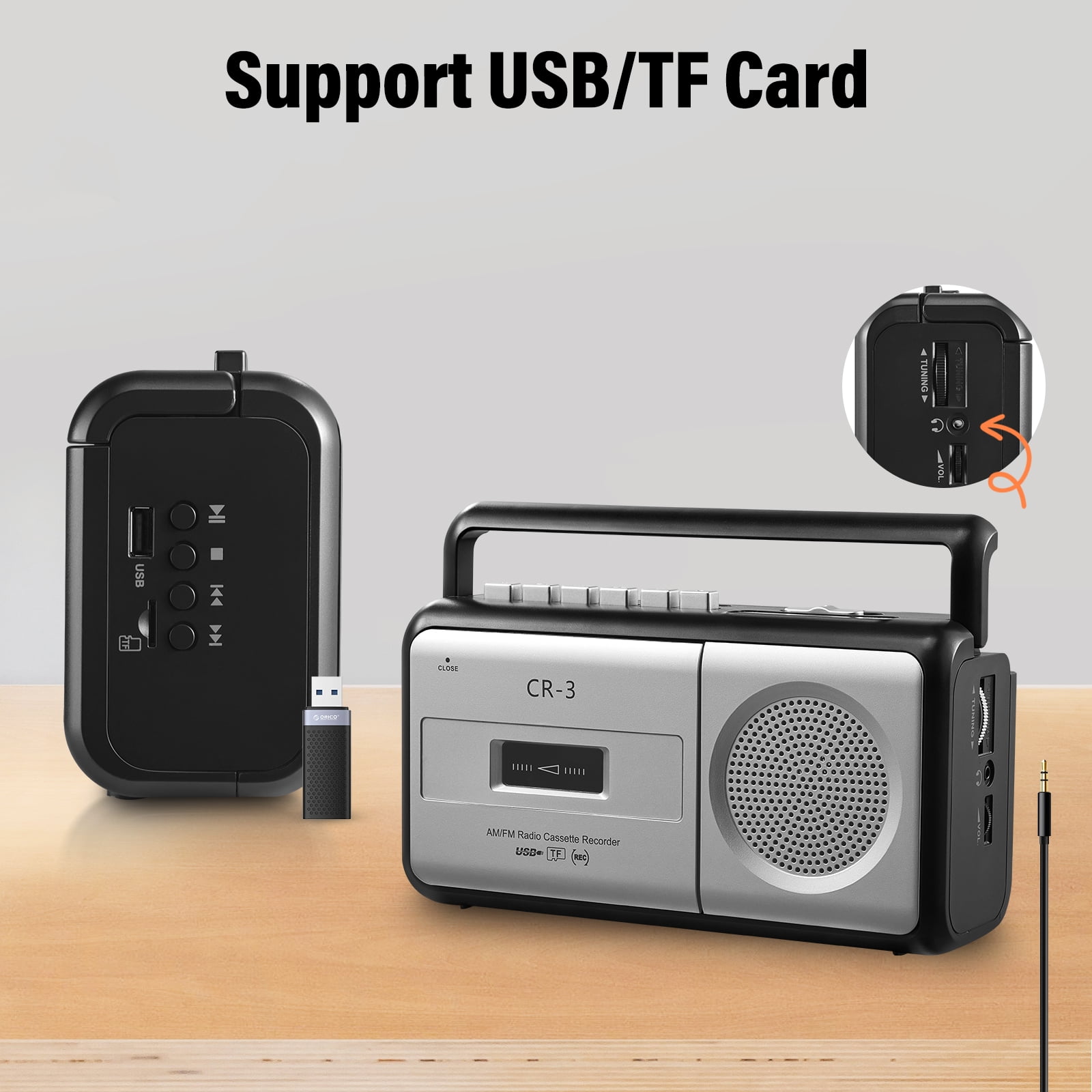 Portable Cassette Player Boombox AM/FM Radio Stereo, Casette Tape Player Recorder with Earphone Jack Battery Operated or AC Powered