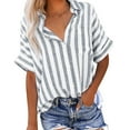 thumbnail image 2 of Gray Women Shirts, Women Striped Button Down Shirts Cotton Linen Blouse Tops Short Sleeve Collar Guaze Shirt Trendy Vacation Work Clothes,Women Shirts XL, 2 of 8
