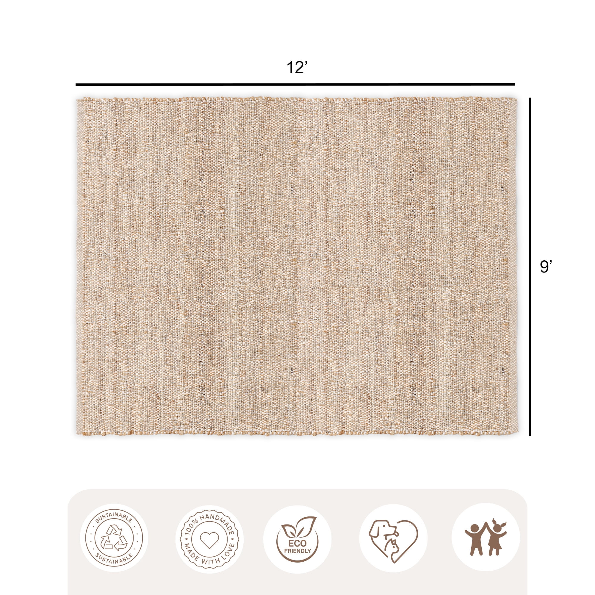 · REDEARTH · Jute Cotton Area Rug - 9'x12' Rectangular Rug, Sustainable Handwoven, Non-Shedding, Soft & Durable – Reversible, Neutral Tones for Home Décor in Living Room, Dining Room, Bedroom