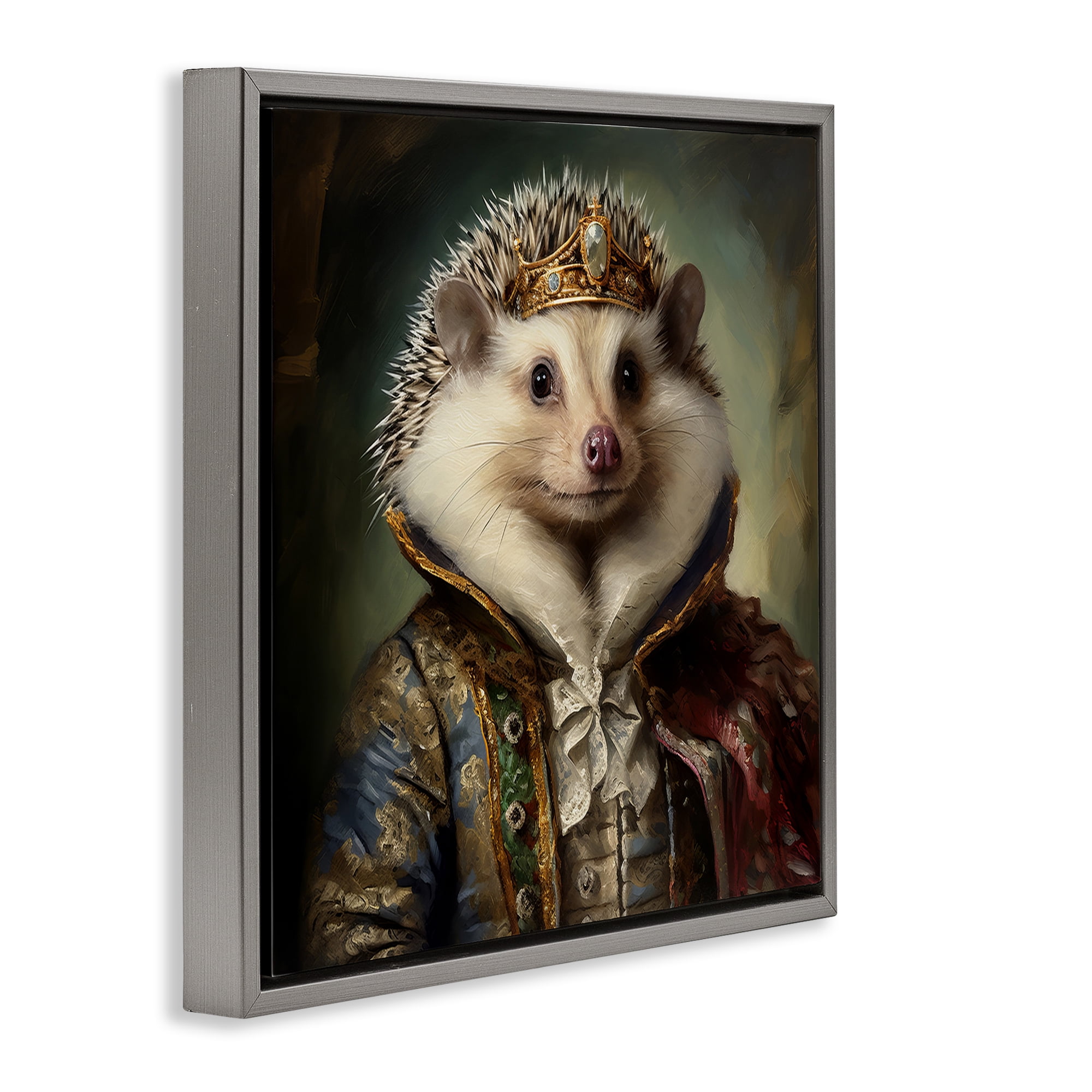Stupell Industries Hedgehog Regal Transformation Animals & Insects Painting Gray Floater Framed Canvas Art Print Wall Art, 18 x 18