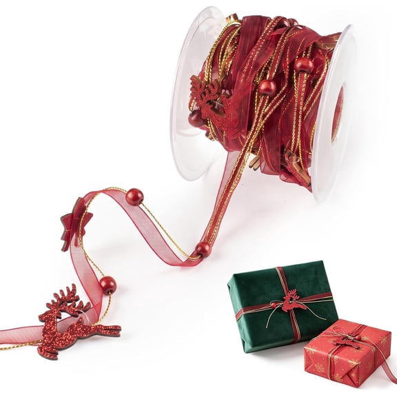 1 Roll Christmas Reindeer Organza Ribbon - Red Glitter Reindeer Charm Ribbon 5.5 Yards