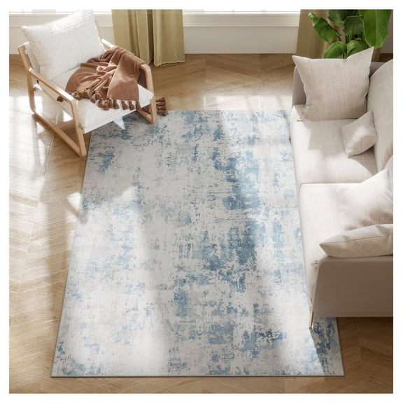 Area Rug 4x6 Washable, Non-Slip Modern Abstract Rug for Living Room Bedroom - Blue Chenille Carpet