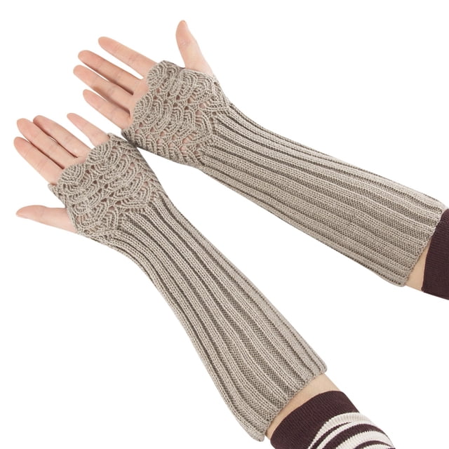 Gants Mitaines Gris pour Femmes Tricotés Sans Doigts Super Longs