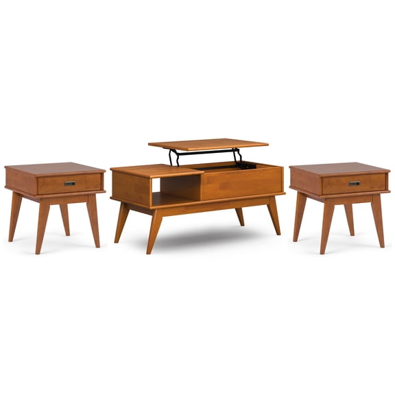 Simpli Home Draper Solid Hardwood 48 inch Wide Mid-Century Modern Lift-Top Coffee Table with 2 22 inch Wide End Tables in Teak Brown (Set of 3)