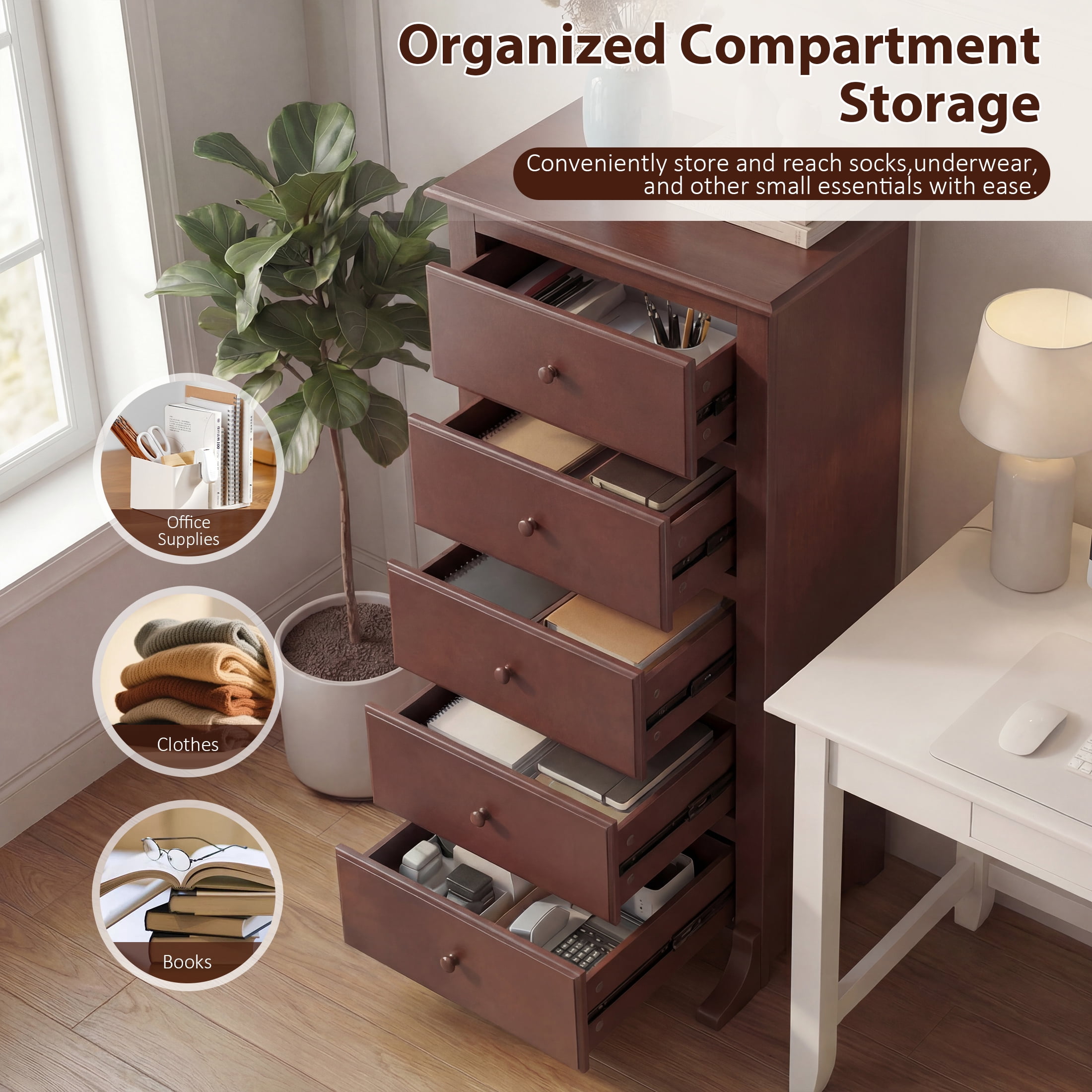 EDX 6 Drawer Wooden Dresser Chest for Bedroom, 19" x 23.25" x 52.75", Modern Storage Cabinet for Living Room Closet, Brown
