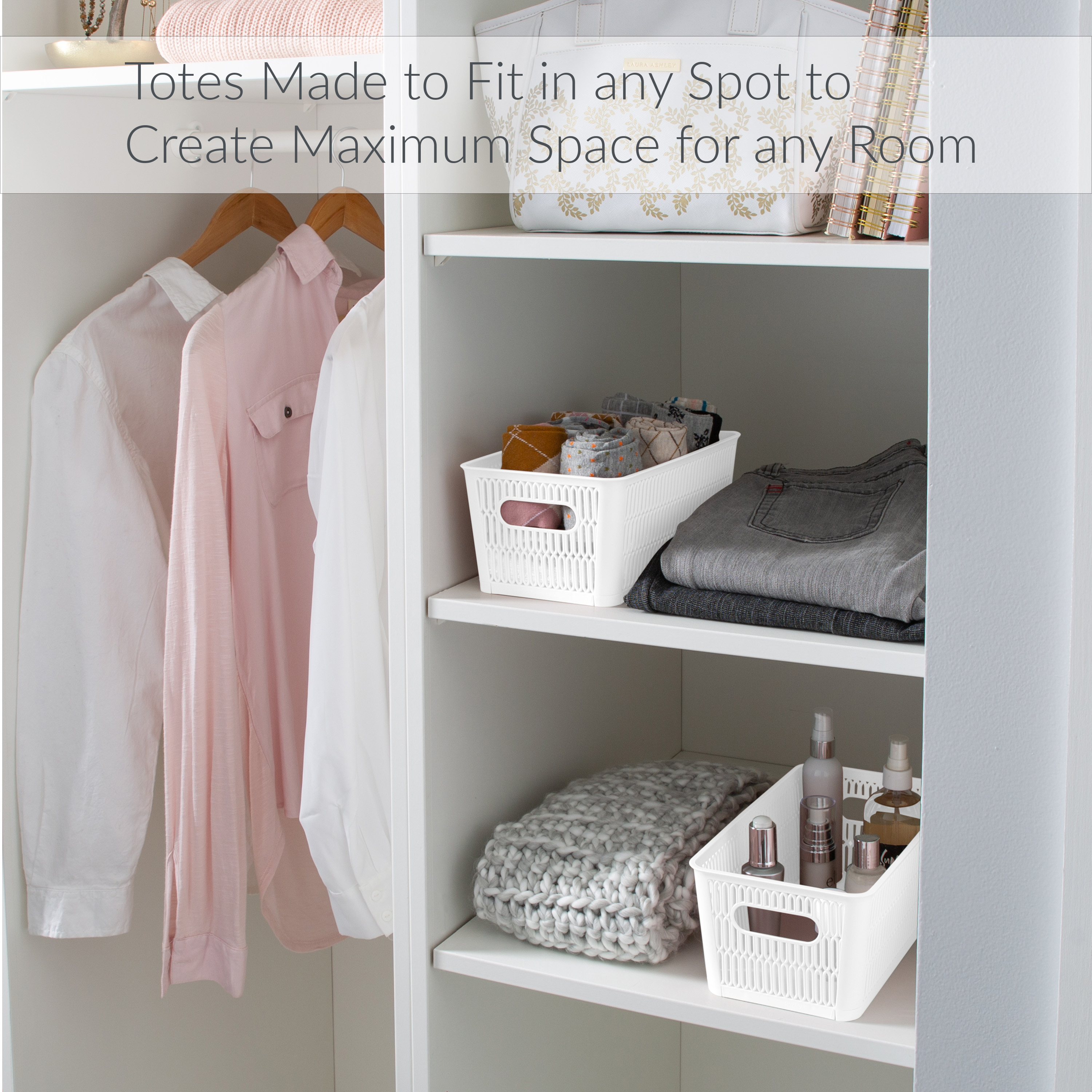 Simplify 4 Pack Slide 2 Stack It Small Plastic Storage Tote Baskets in White