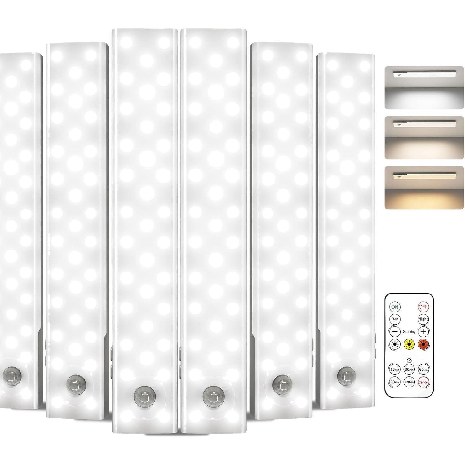 6-Pack Under Cabinet Lighting, 2000mAh Rechargeable Wireless Motion Sensor Lights, 62LEDs, 3 Color Temps, Dimmable, Timer, Magnetic, with Remote Control for Kitchen, Closet, Stair