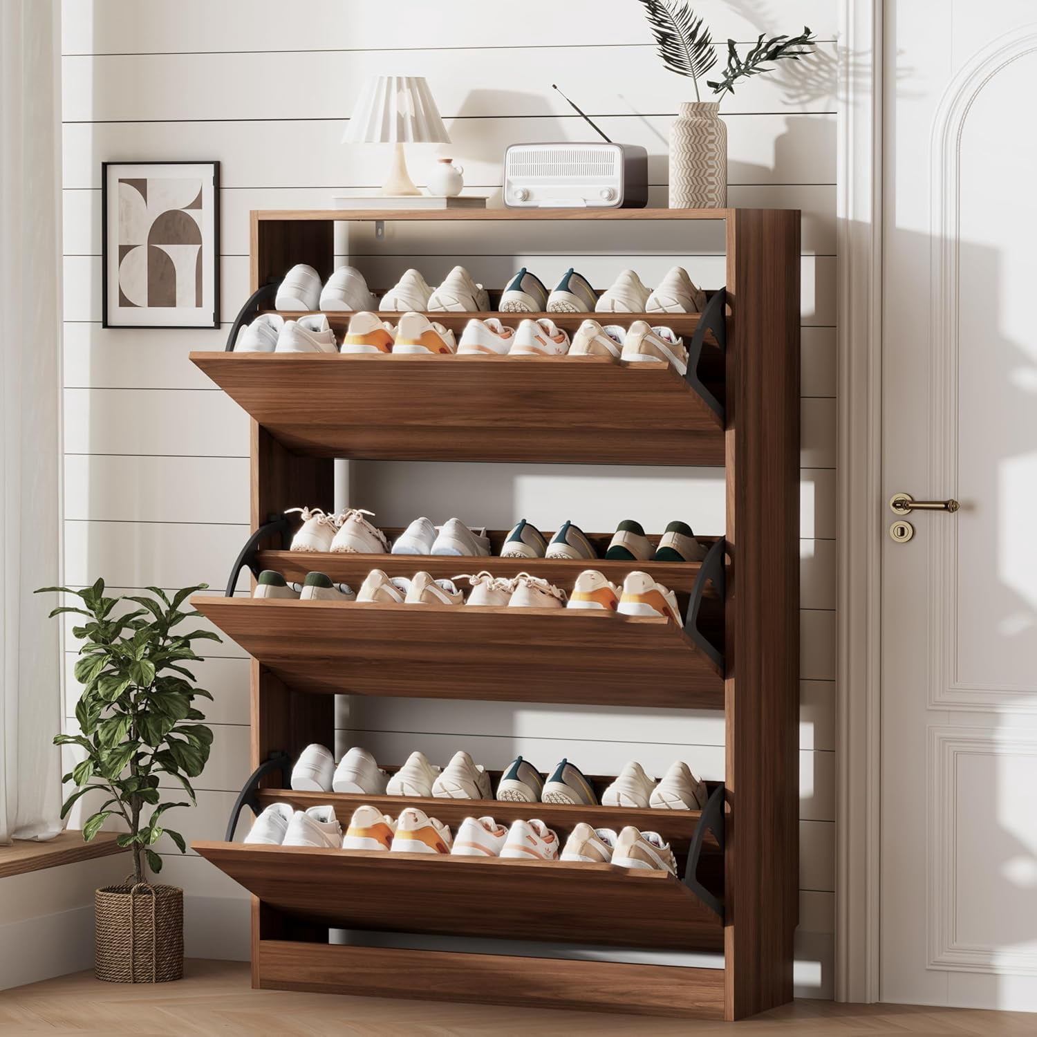 Alden Design 4 Tier Wooden Shoe Storage with Louvered Door, Black