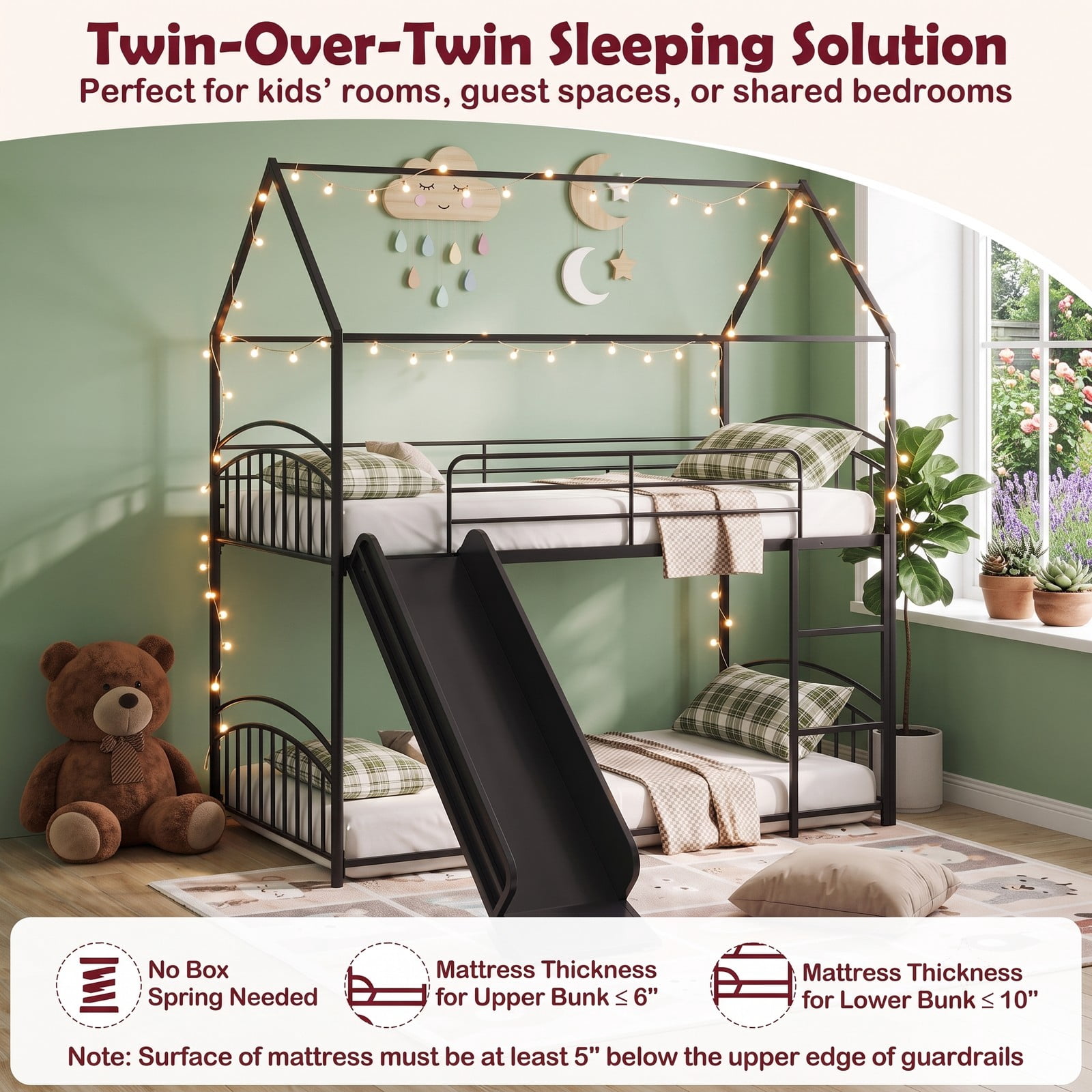 Furnibear Twin Over Twin House Bunk Bed with Slide Ladder and Heavy-duty Metal Slats for Kids and Shared Bedrooms, Black