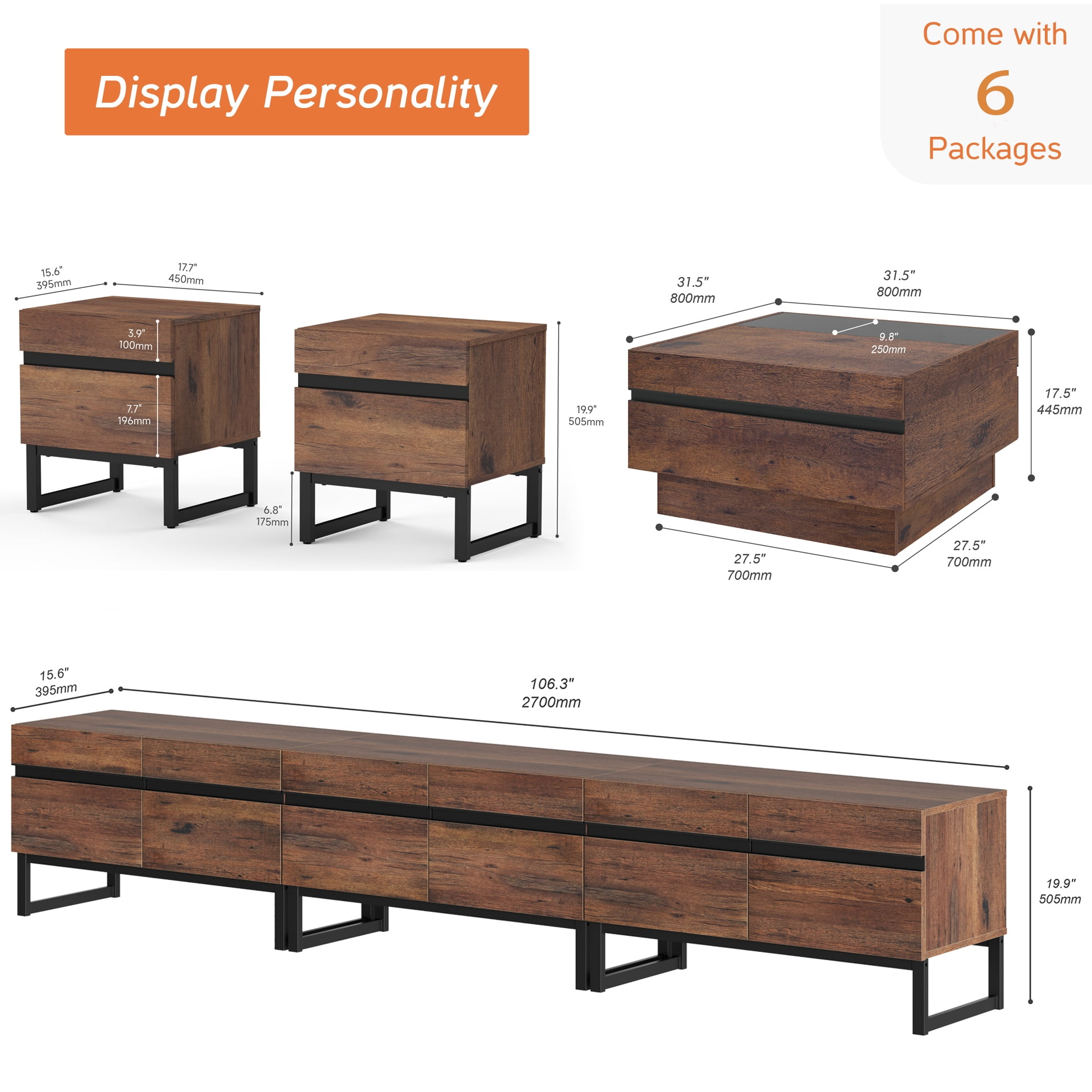 WAMPAT 4-Piece Living Room Furniture Set, 106.2" TV Stand, 1 Square Tempered Glass Top Coffee Table, 2 End Tables with Drawers, Modern Entertainment Center Console Table，Brown