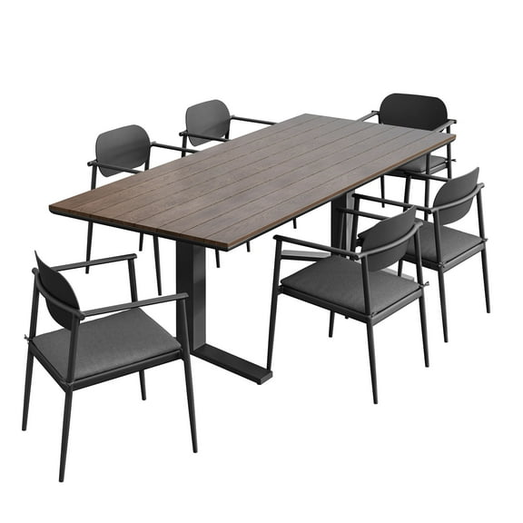 7 pcs Dining Side Chair and Table Set, Dark Gray, Aluminum, Outdoor Patio Balcony Cafe Bistro Garden Hospitality Restaurant, Modern Contemporary, HB38001