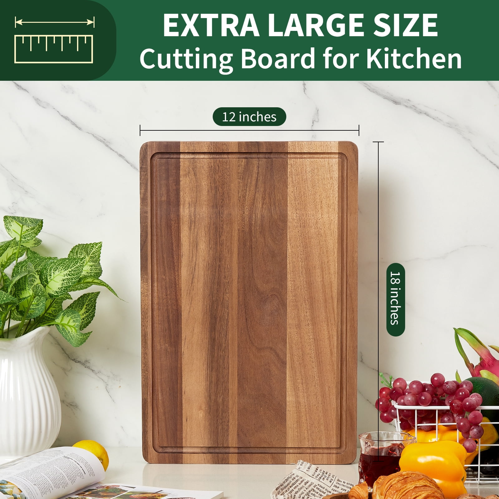 18X12 Inch Acacia Wood Cutting Board– Extra Thick Butcher Block with Deep Juice Groove, Pre-Oiled, Convenient Handles – Large Wooden Chopping Board for Meat, Vegetables, Cheese