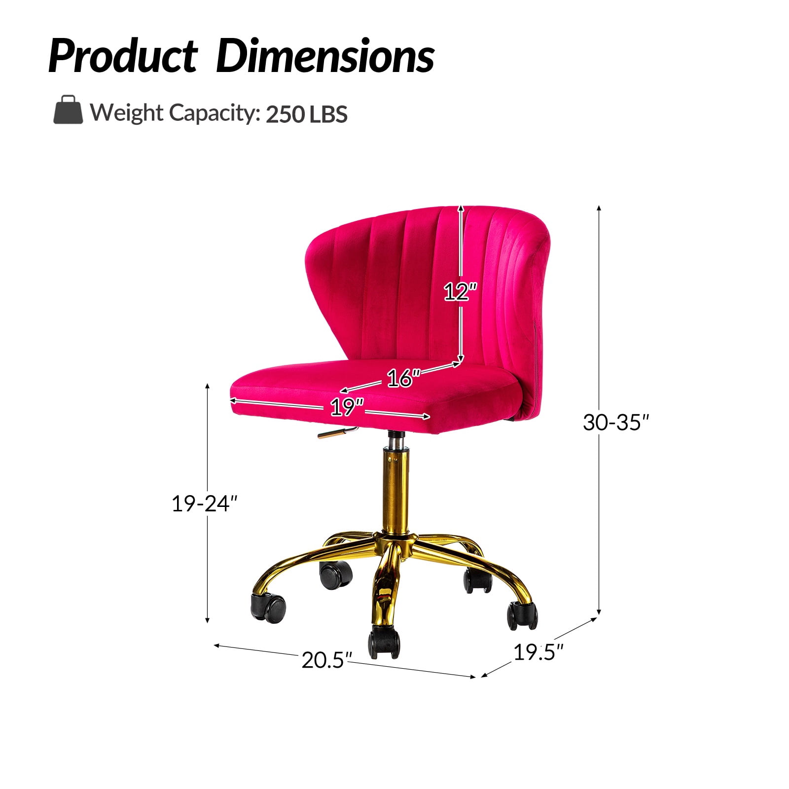 Tina's Home Fushia Velvet Swivel Office Chair with Gold Legs, Adjustable Height Rolling Desk Chair for Vanity