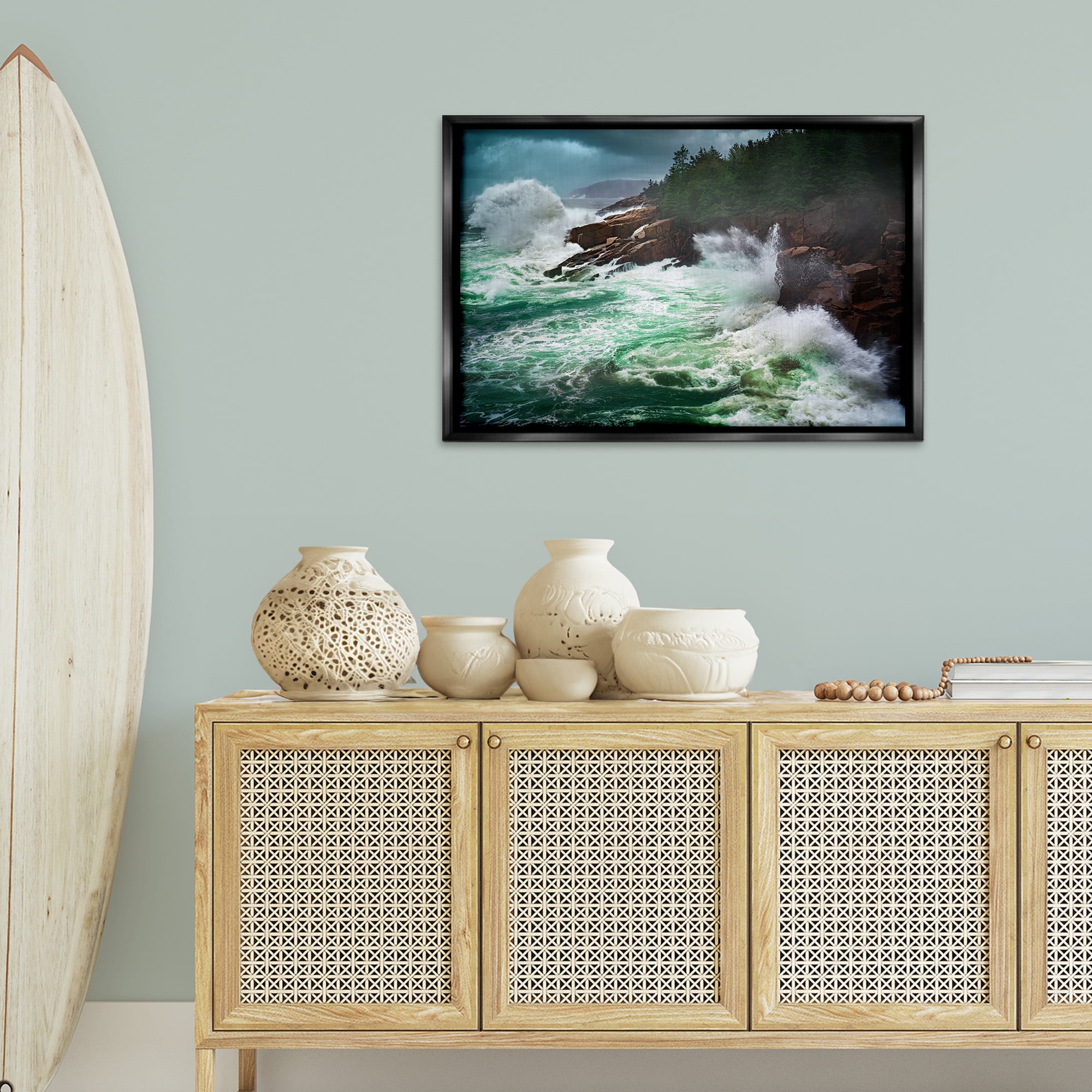 Stupell Industries Strong Crashing Waves Nautical & Beach Photography Black Floater Framed Canvas Art Print Wall Art, 31 x 21
