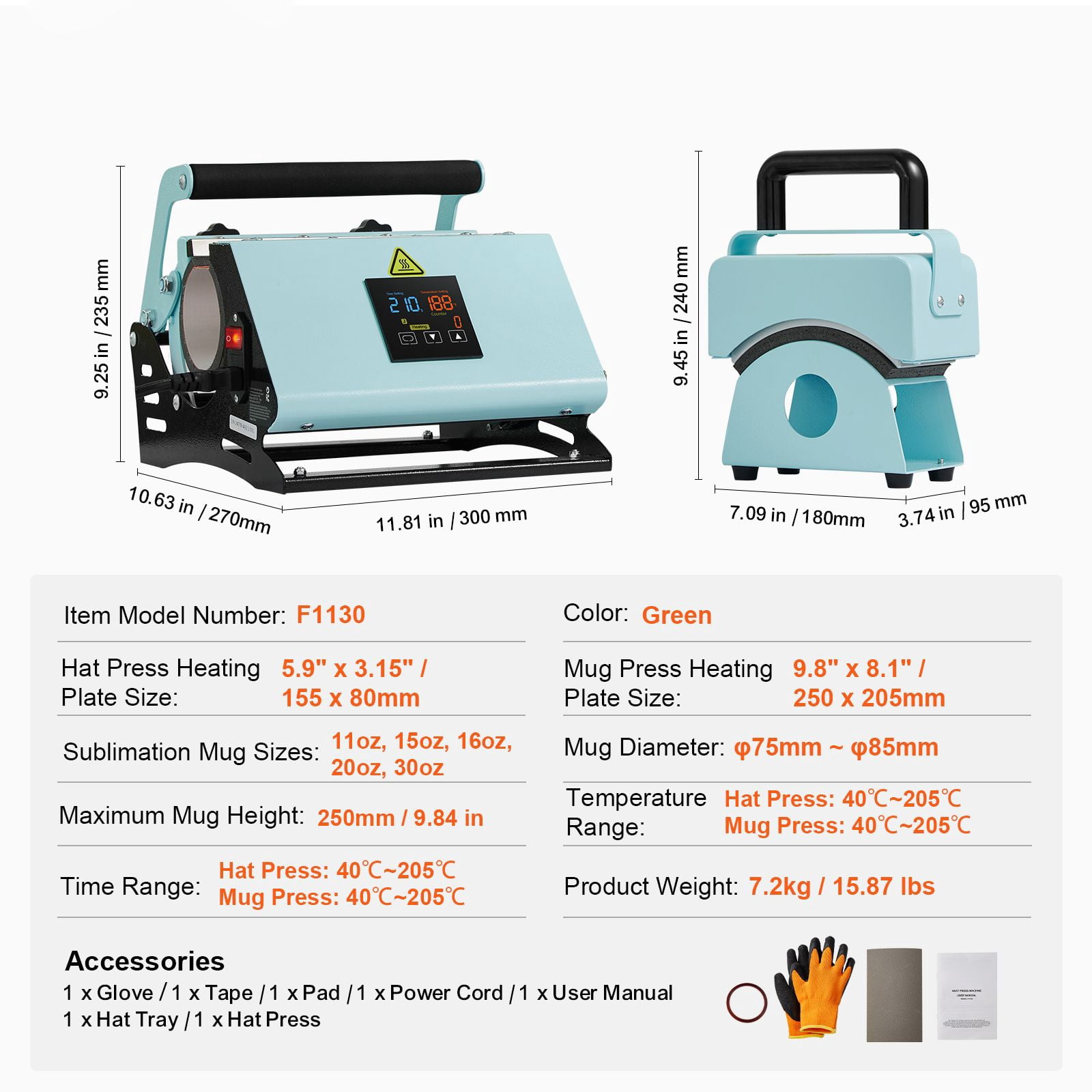 2-In-1 hat hot press and cup press, mini cap press for hats/hats, 11-30oz sublimation roller press, digital temperature and time control, green