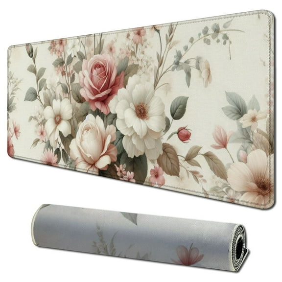 Pink Flowers Keyboard Pad PC Gaming Desk Mat Desk Mouse Pads Mouse Pad Large, Computer XL Big Mousepad Deskpad Mat with Stitched Edge for Women Home Office Decor