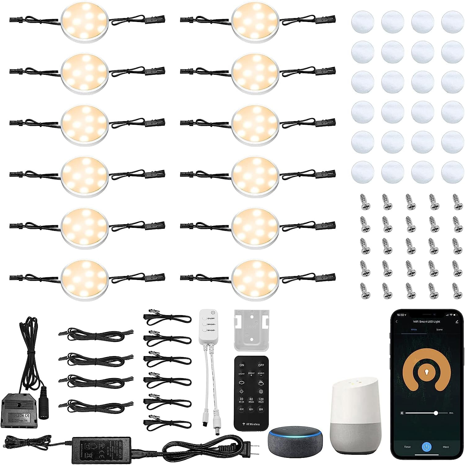 Lrlite 12 Pack Alexa Remote APP Control, Smart LED Puck Lights, Under