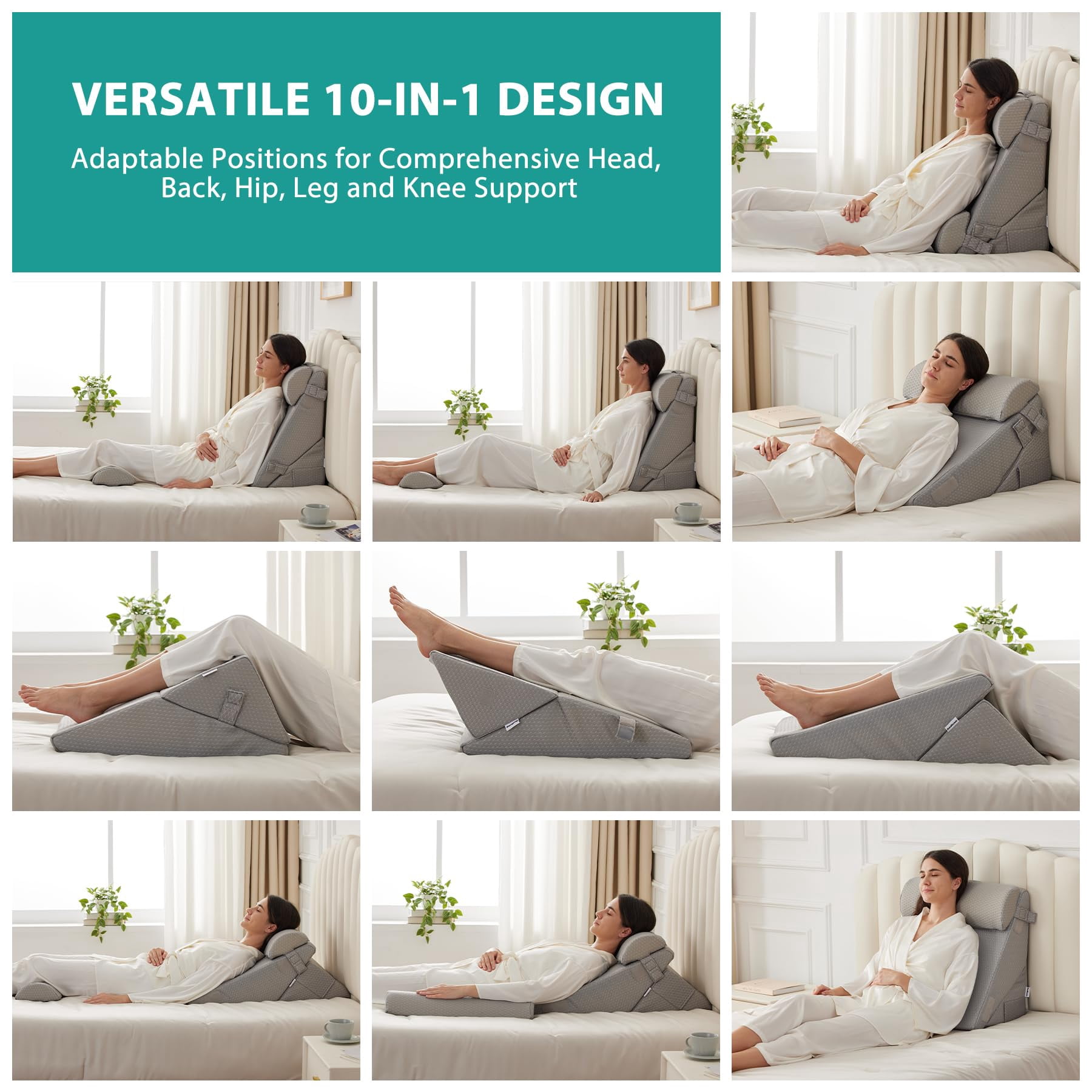 Adjustable 4pcs Bed Wedge Pillow Set  Memory Foam Pillows For Neck Leg Sleeping Sitting Up In Acid Reflux And Grey