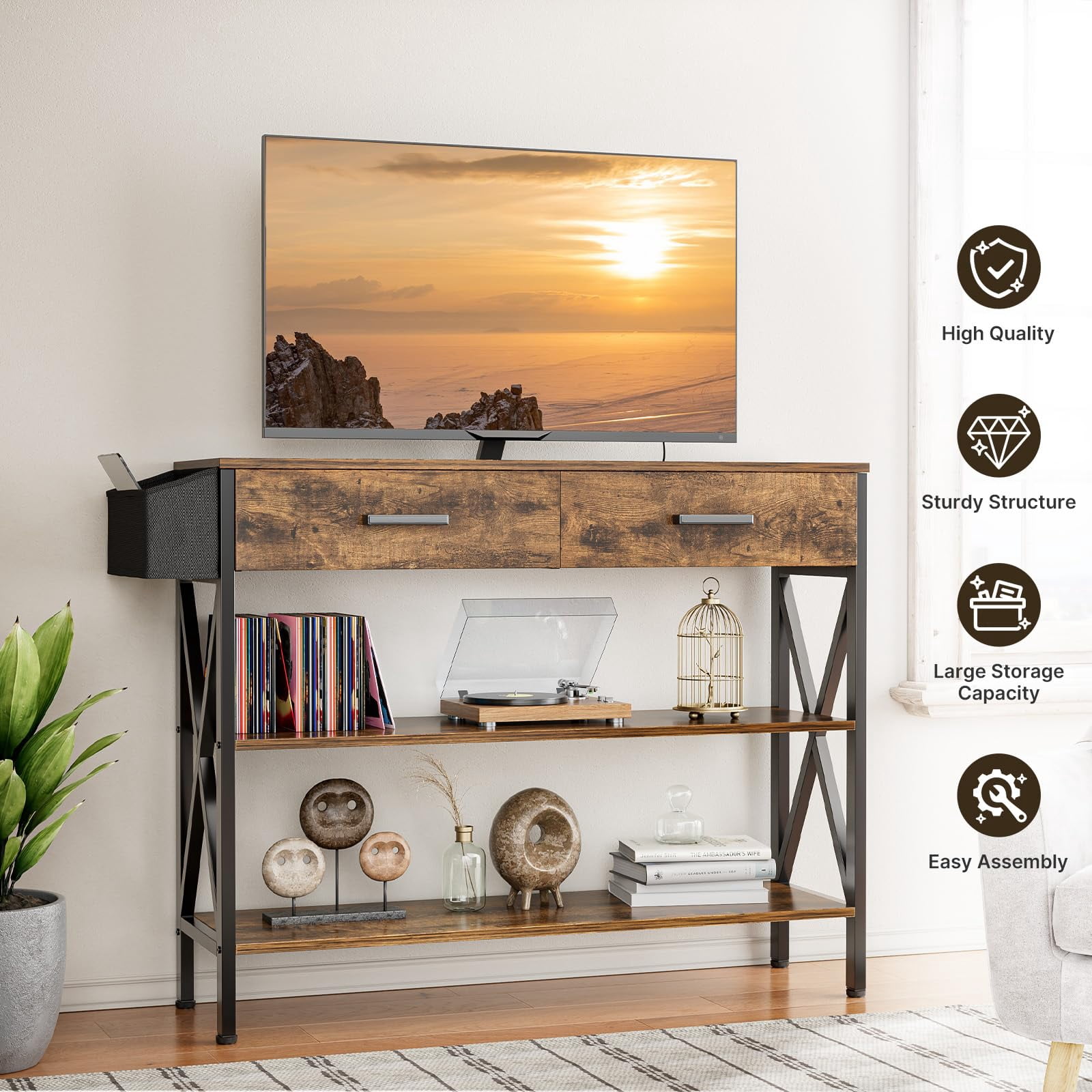 Aiho 39" Entryway Table with 2 Drawers, Modern Console Table with 3 Tier Storage Shelves, Sofa Table for Livingroom, Entruway, Small Spaces, Retro