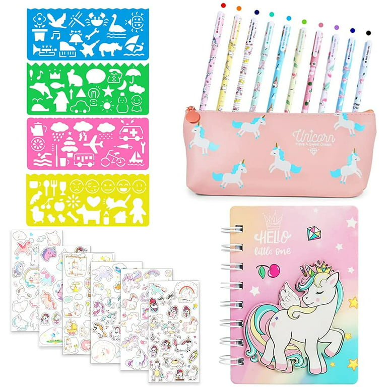 YANSION Unicorn Stationery Sets for Girls, Back to School Unicorn Gifts for  Pens, Stickers, Drawing Stencils, Notebook, Pencil Case School Supplies  Writing for Girls Boys Kids 4 to 12 Years Old, Pink 