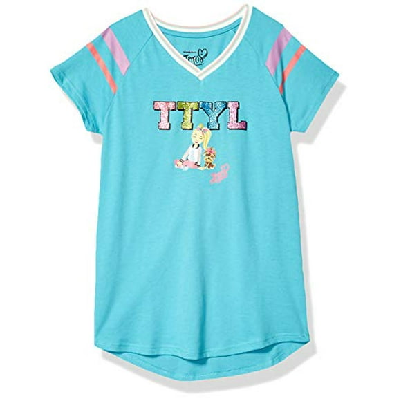 JoJo Siwa Girls' Big TTYL Emoji JoJo & Bow Bow V-Neck Athletic Varsity Stripe Tee, Turquoise, L-12/14