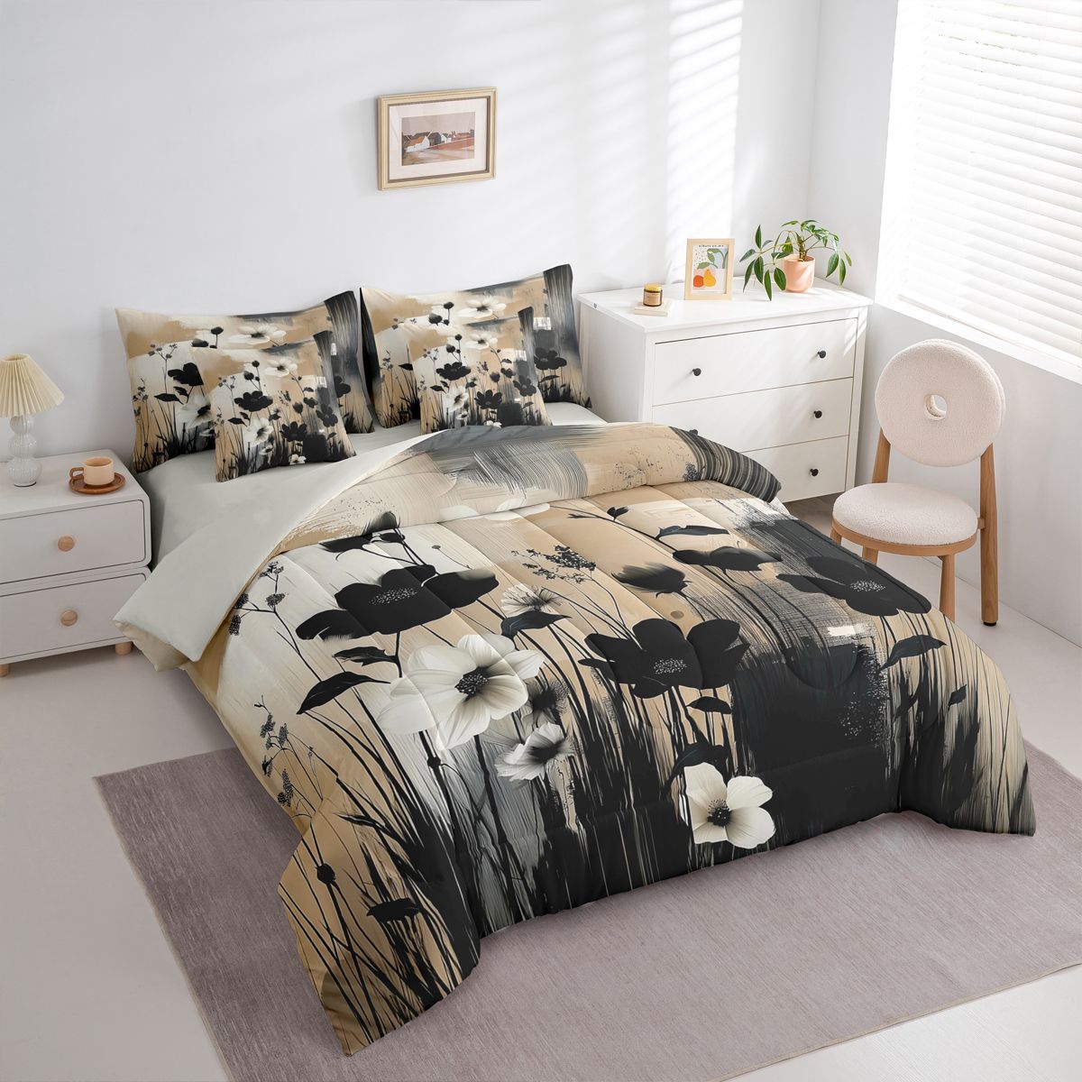Homewish Chic Flowers 7pcs Bedding Comforter Set For Kids Teens Female Girls,Chic Floral Blossoms Queen Bedding Sets Super Cozy,Abstract Retro Vintage Queen Sheet Sets,Lightweight Room Decor