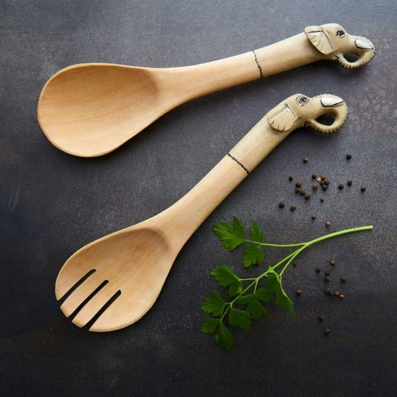 Painted Wood Elephant Salad Server Set