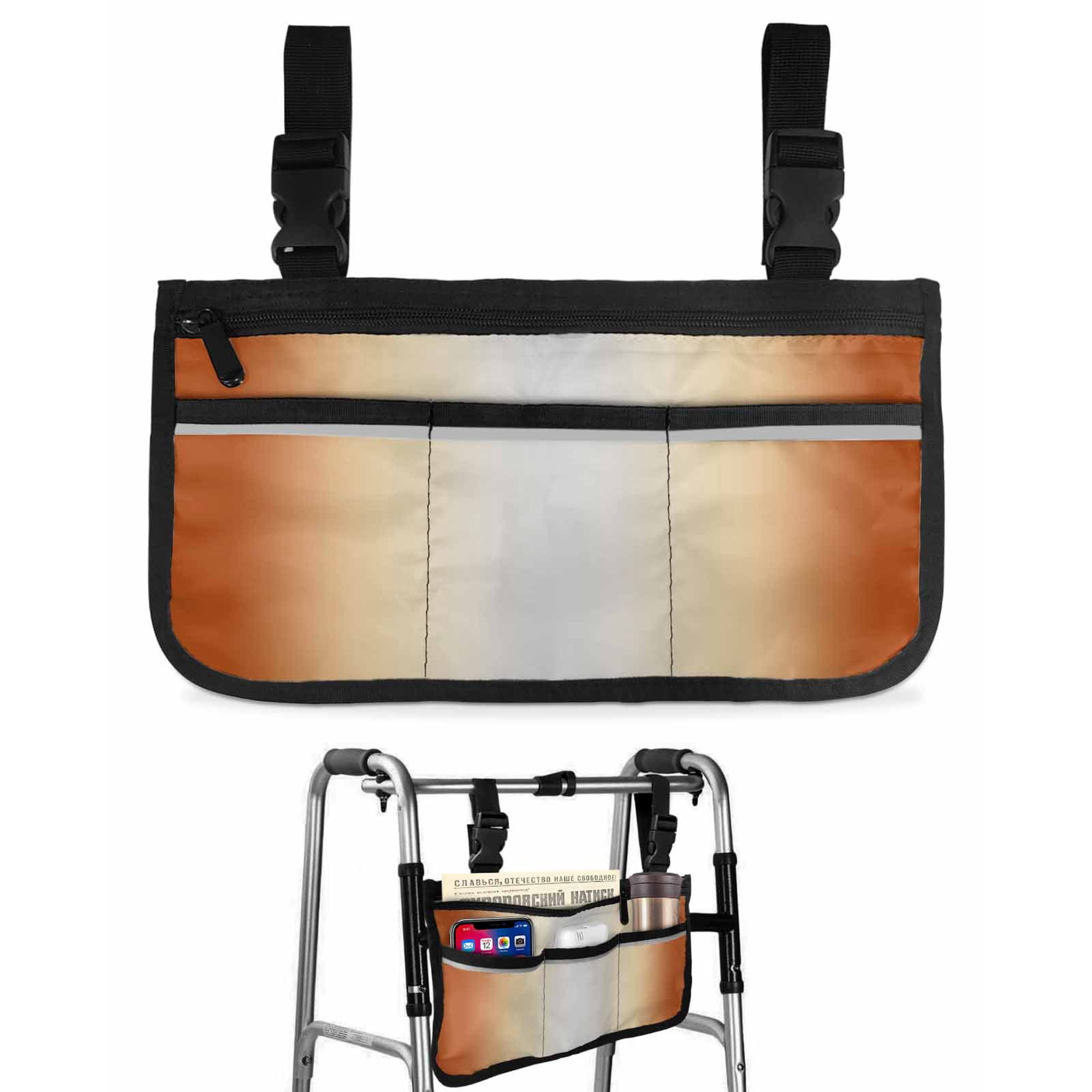 Grey Burnt Orange Ombre Wheelchair Side Bag Walk Bag Basket, Modern Abstract Art Gradient Wheelchair Accessories Armrest Pouch, Organizer Storage Bags for Walkers, Rollators, Scooters, 7.3"x13"
