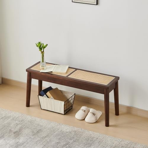 40 x 12 Rattan Bench, Walnut Color, Hand Woven Cane seat, Solid Wood Bench for Entrance, Living Room, Kitchen and Dining Room, Long Bench, 18" high