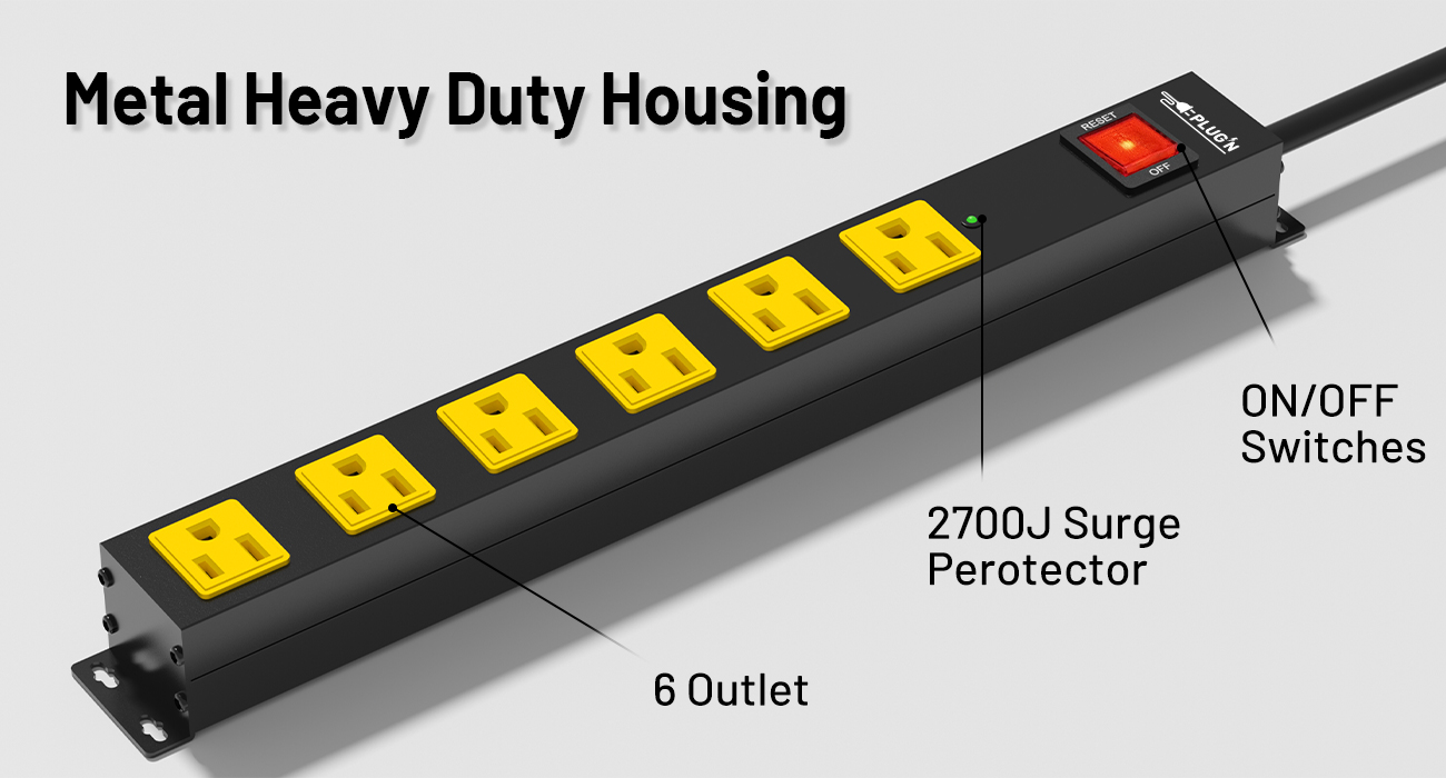 6 Outlet Power Strip 2700J Surge Protector, Heavy Duty Power Strips with Flat Plug and 10FT Long Cord, Wall Mountable Metal Outlet Strip for Desk, Garage, Workbench and Kitchen