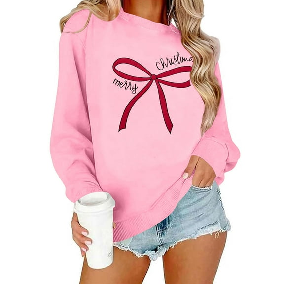 Womens Christmas Sweatshirts Lightweight Crewneck Ugly Sweaters Long Sleeve Loose Xmas Holiday Pullover Tops (XS, Pink-Bow)