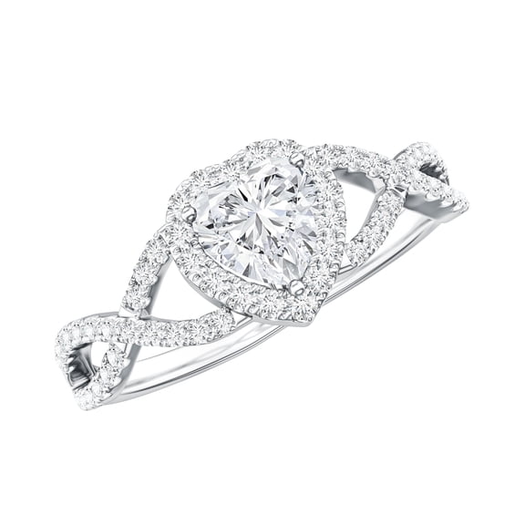 Rosec Jewels Moissanite Heart Engagement Ring for Women - 1/2 Carat - Moissanite Halo Crossover Ring - D-VS1 Grade, 925 Sterling Silver, US 4.00