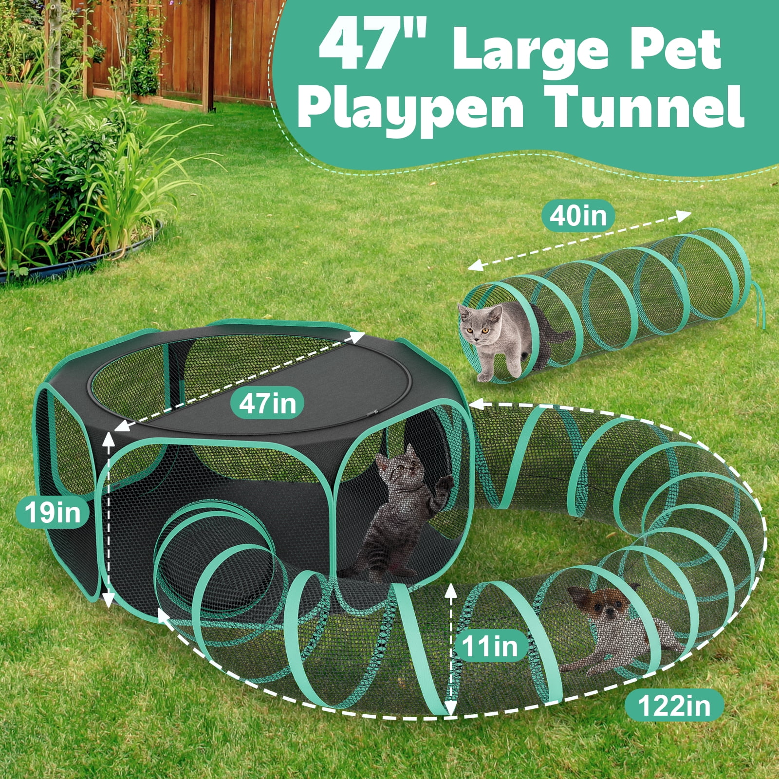 Hutact All-in-1 Pet Playpen with Tunnel for Cats Rabbits Exercise, 47" Portable Cat Playpen with Shade Top for Indoor/Outdoor Travel Small Dog Playpen