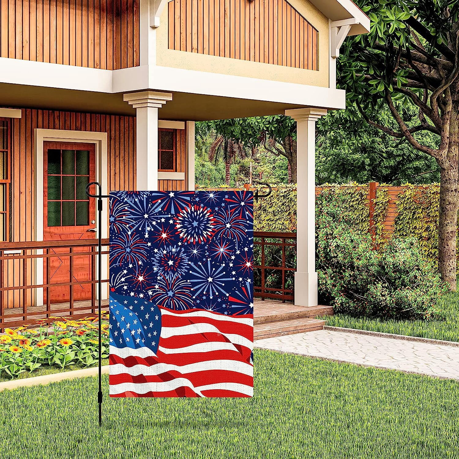 4th of July Garden Flag Patriotic American Flag Fireworks Yard Flags Double-Sided Red Blue White Holiday Outdoor Decor for Independence Day Lawn Patio Decoration, 12.5 x 18 Inch
