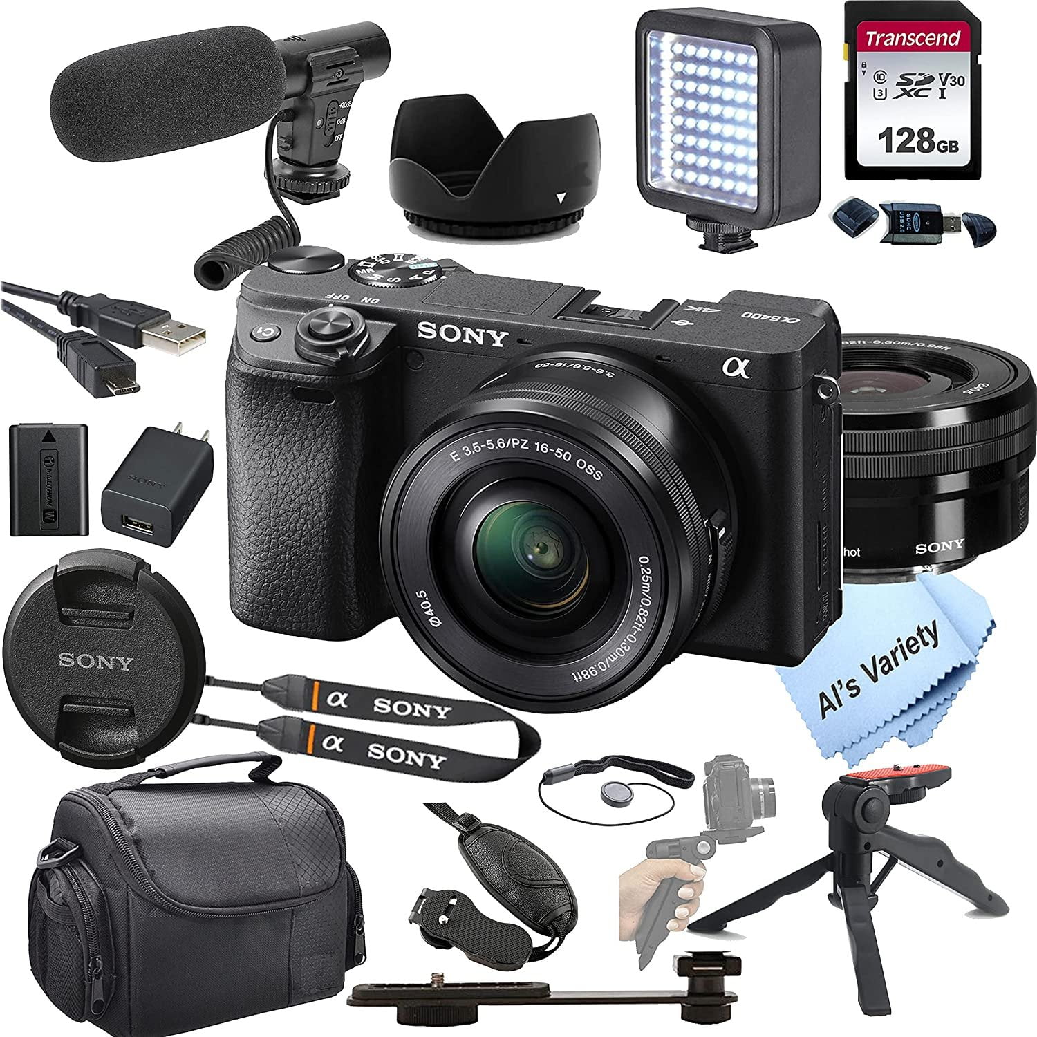 Sony Alpha a6400 Mirrorless Digital Camera with 16-50mm Lens+ Shot-Gun  Microphone + LED Always on Light+ 128GB Card, Gripod, Case, and More 18pc  Video 