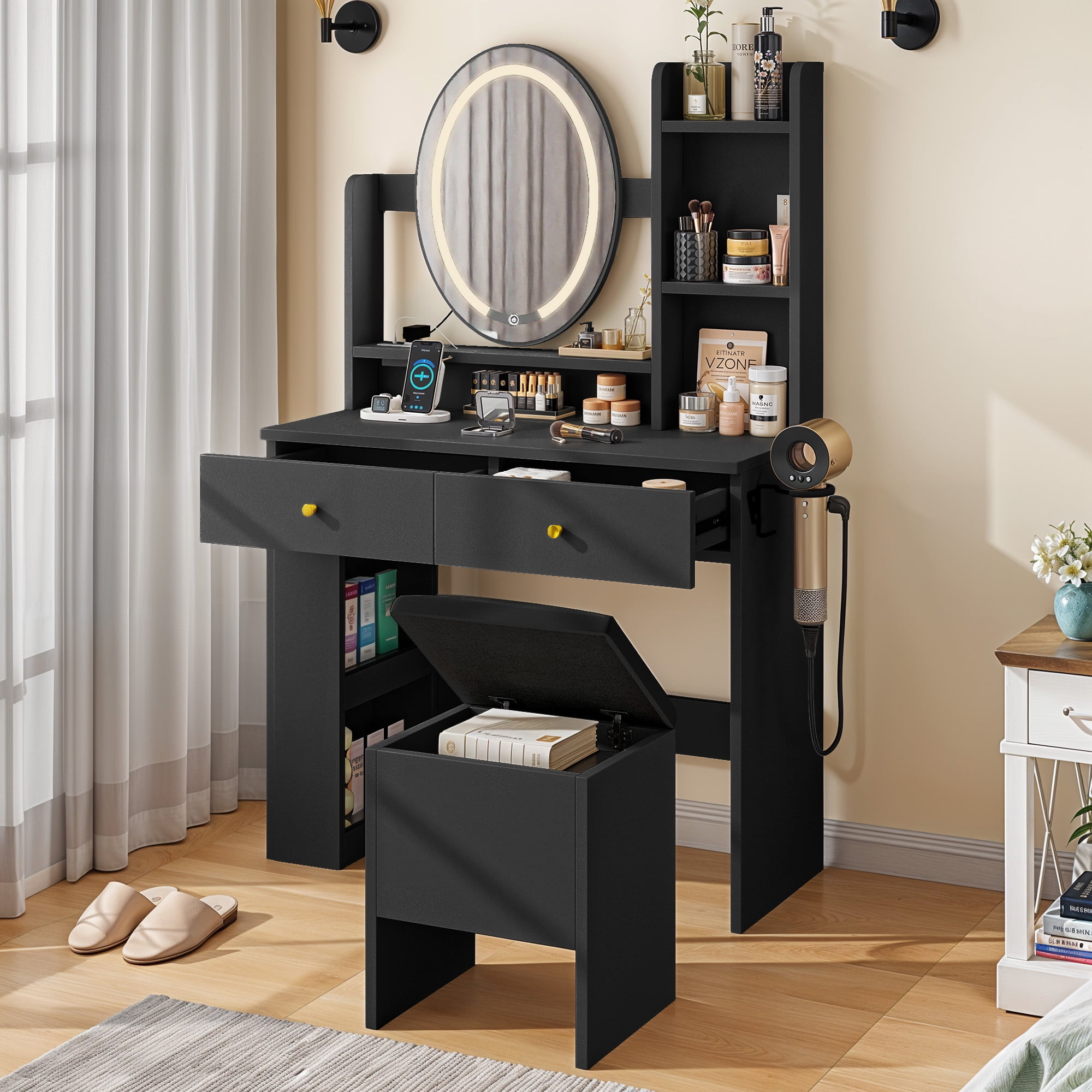 Uforic Vanity Table with 3 Lighting Colors, 2 Drawers, and Cushioned Stool - Black