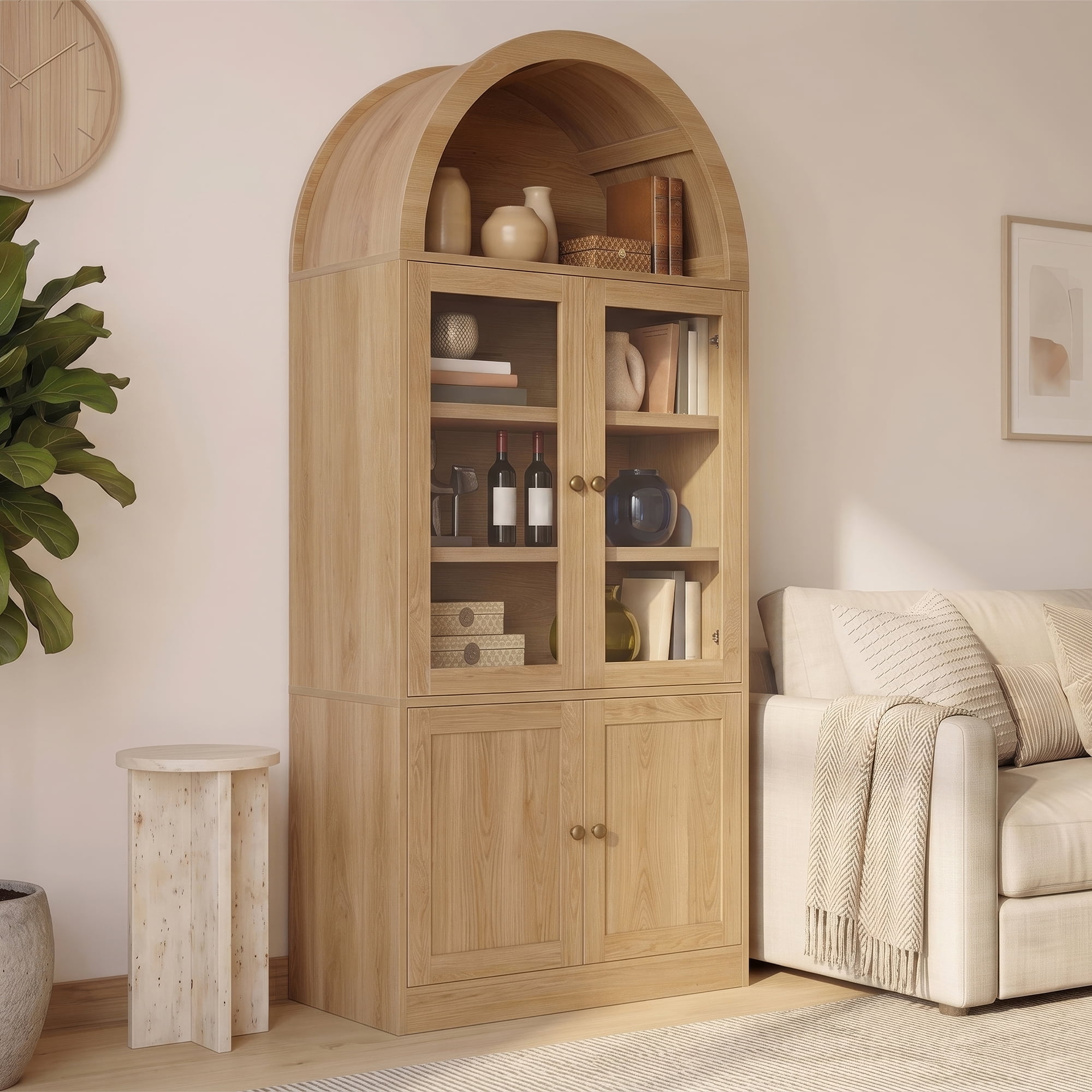 Mintazer Arched Top Tall Storage Cabinet, Display Bookcase with Glass Doors & 5-Tier Shelves, Farmhouse Freestanding Hutch for Living Room Dining Room Study, Natural