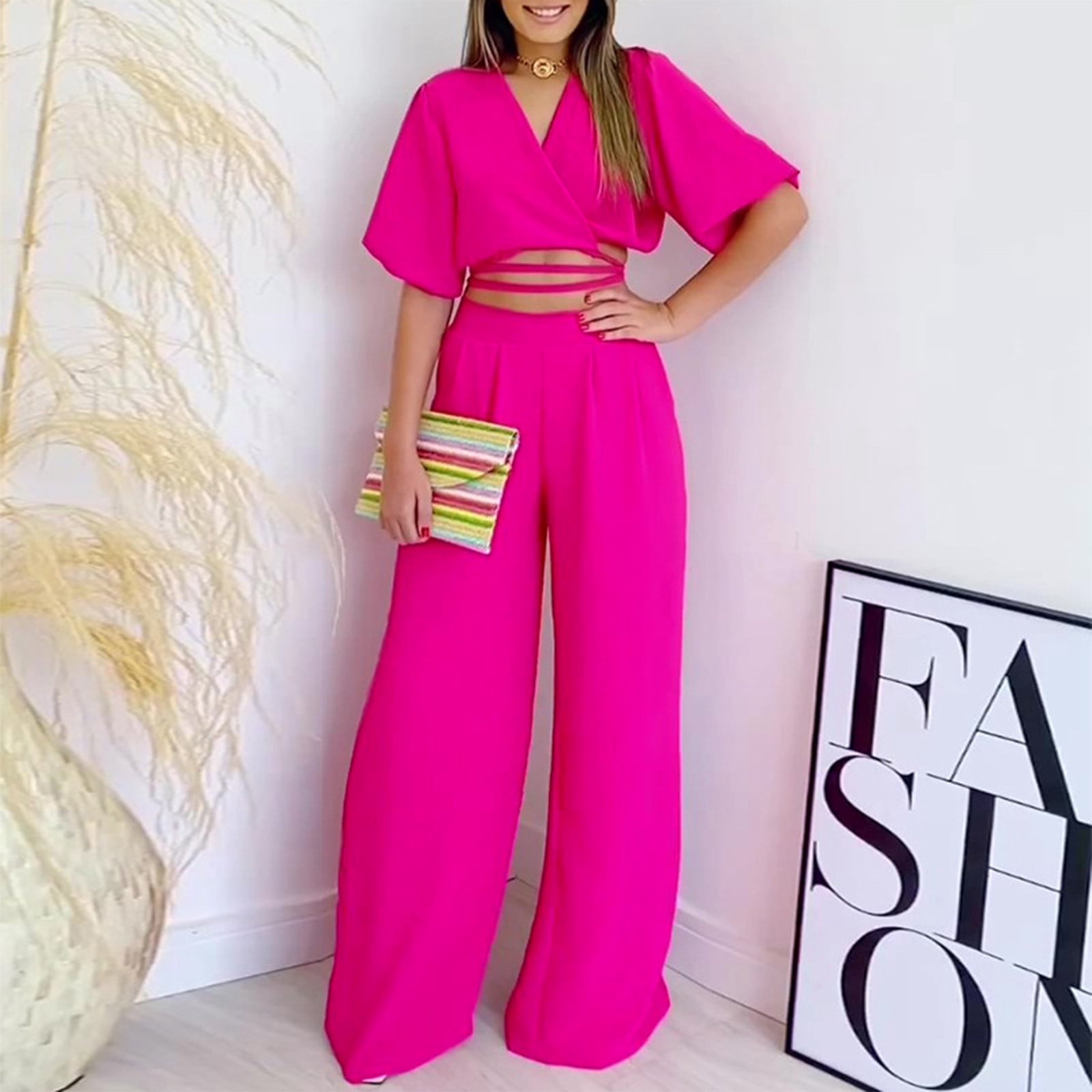 Womens Pants Woman Suit Set Women's Solid Color Casual V Neck Short Sleeve  Shirt High Waist Wide Leg Pants Fashion Pants Adult Female Clothes Hot Pink  Size XXL - Walmart.ca