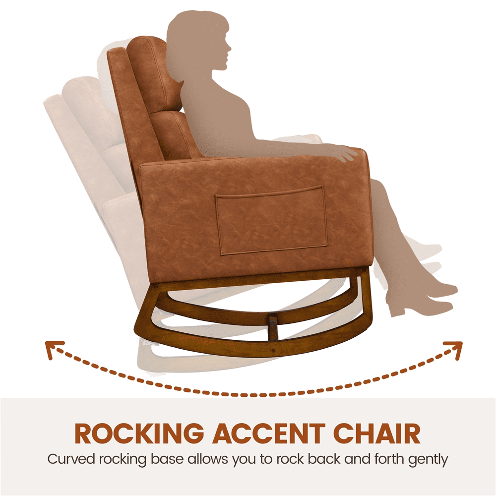 Renwick Modern Faux Leather Rocking Chair with Rubberwood Legs for Living Room, Brown