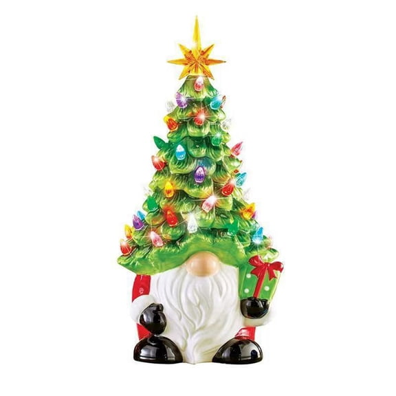 Lighted Gnome Resin Tree Christmas Decorations for Home, 6.3 Inch Light Up Gnome Decor Battery Operated Collectible Figurines for Bookshelf Table Office Desktop Halloween Christmas Decor