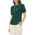 thumbnail image 4 of INSPIRE CHIC Women's Contrast Peter Pan Collar Shirt Puff Sleeve Button Up Tie Neck Blouse M Dark Green, 4 of 6