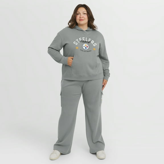 Women's WEAR by Erin Andrews Gray Pittsburgh Steelers Plus Size Waffle-Knit Long Sleeve Hooded Shirt & Pants Lounge Set