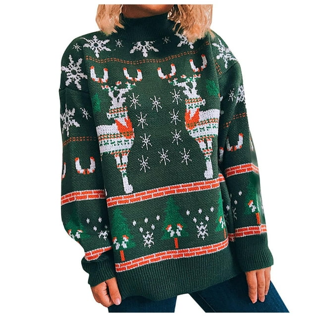IROINID Chandail à Col Rond pour Femmes Imprimé Ample Mi-Long à Manches Longues Flocon de Neige Sapin de Noël Chandail pour Dames