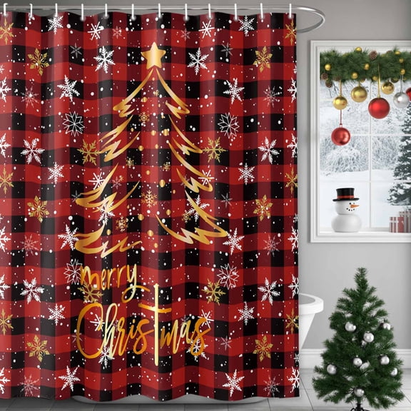 Merry Christmas Shower Curtains for Bathroom, Vintage Gold Xmas Tree Snowflakes Red Plaid Waterproof Fabric Shower Curtain for Bathroom Bathtub Decoration, Machine Washable, 60"x72"