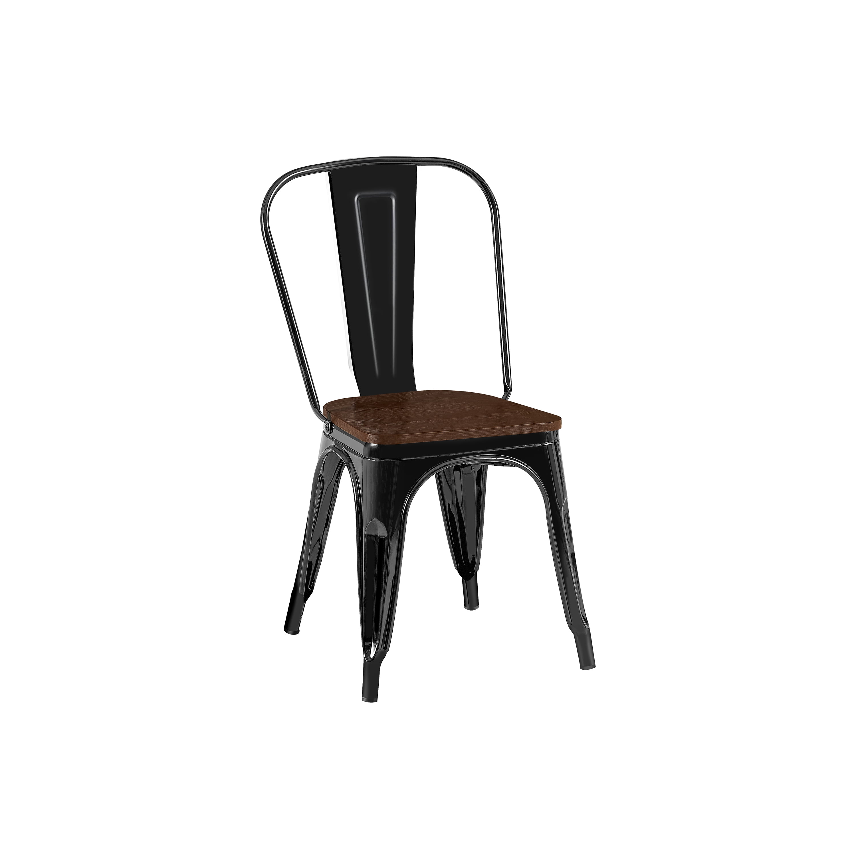 High Gloss Black with Walnut Wooden Seat Industrial Metal Dining Chairs 18 Inch Seat Height Stackable, Set of 4